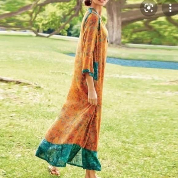 Soft Surroundings Teal Orange Boho Tunic Kaftan Flowy Maxi Dress Size Small - Picture 2 of 10